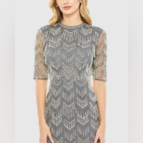 *Flawed Mac Duggal 93804 NWT Gray Beaded Fringe Quarter Sleeve Column Gown - Picture 2 of 11